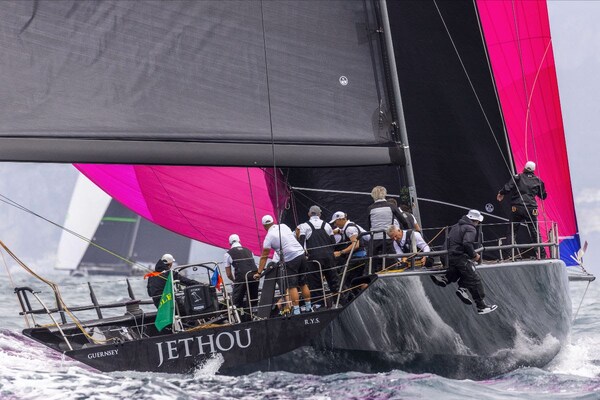 Sir Peter Ogden's 77ft Jethou with her characteristic fuchsia spinnaker. Photo: IMA / Studio Borlenghi